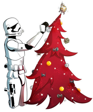 Guerrero montando el árbol de navidad. Imagen de KiloWhat en https://kilowhat.deviantart.com/art/A-merry-Star-Wars-Christmas-580131501